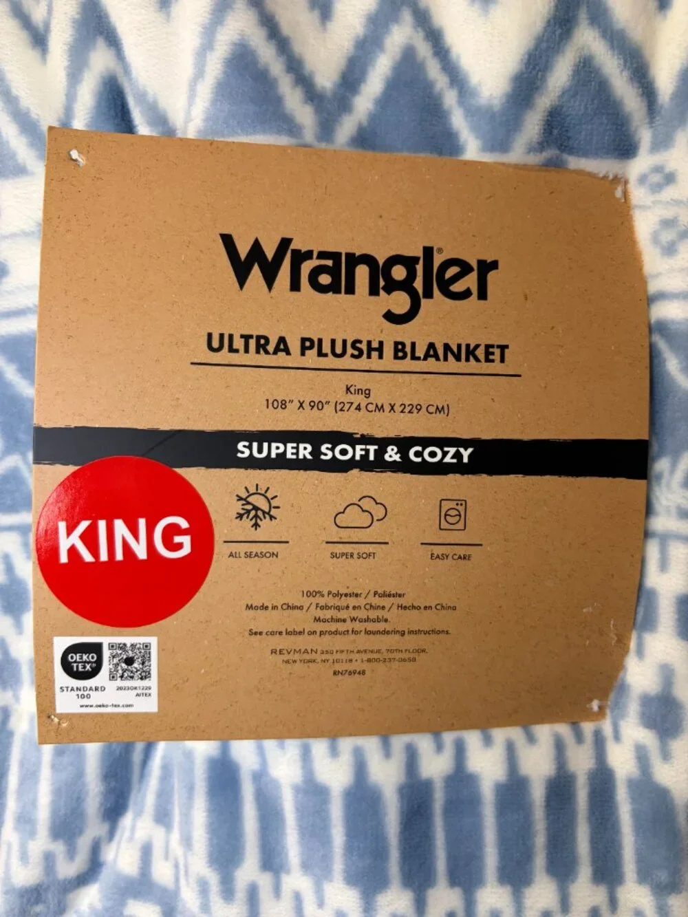 Wrangler King Ultra Plush Western Aztec Horse Blanket Blue 108x90 NWT